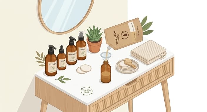 A stylish vanity displays eco-friendly skincare in glass bottles with a refill pouch, highlighting a closed-loop gift concept.