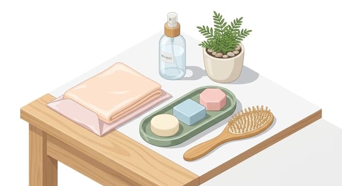 A premium eco-friendly vanity setup featuring bamboo haircare tools and a silk pillowcase.