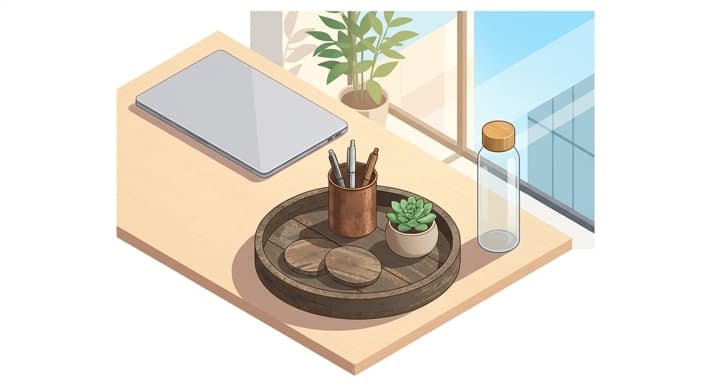 A stylish desk scene showcasing circular, patinaed eco-friendly accessories for a professional setting.