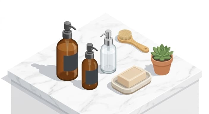 A chic, eco-friendly bathroom display highlighting refillable skincare and natural, plant-based ingredients.