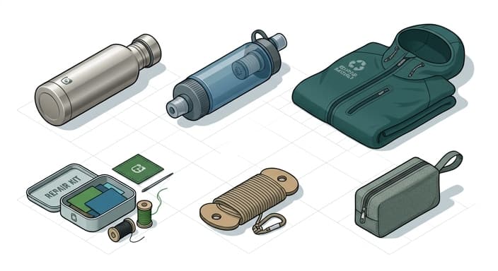 An isometric display of eco-friendly outdoor gear emphasizing repairability and recycled materials.