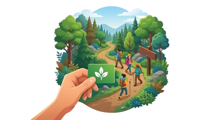 A hand offers a nature experience gift card in a forest setting, illustrating the idea of gifting experiences over objects.