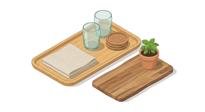 A neatly arranged eco-friendly host gift set featuring bamboo, cork, and recycled glass items.