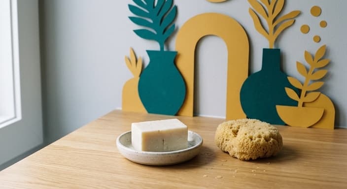 A solid dish soap block on a small dish beside a natural sponge in a minimalist kitchen scene.