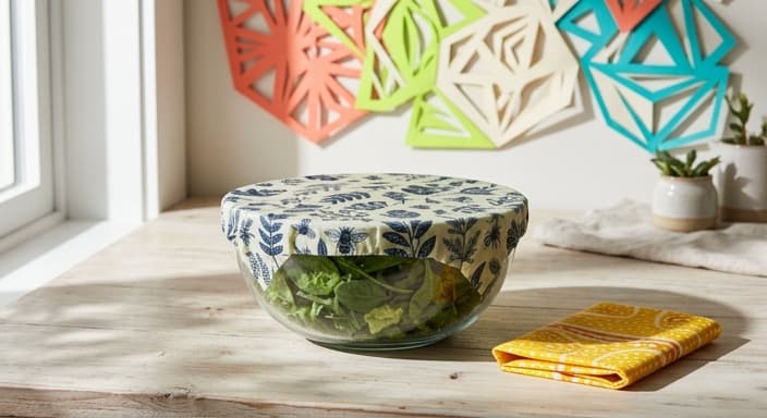 Leafy greens covered with a reusable beeswax wrap on a kitchen counter.