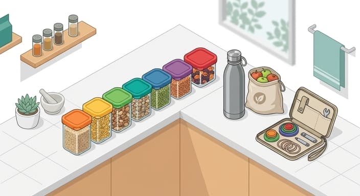 A tidy kitchen counter shows glass containers with silicone lids and a repair kit, emphasizing durable, reusable eco-friendly storage.