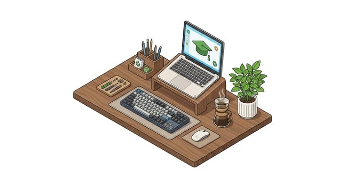 A laptop on a wood-finish stand with a mechanical keyboard, illustrating durable, repairable tech as an eco-friendly graduation gift.