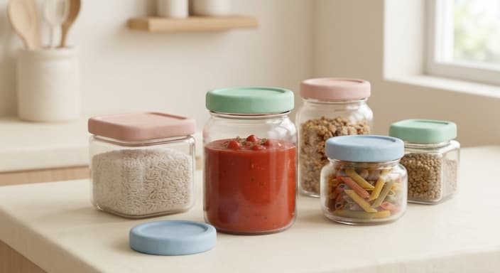 A neat display of glass food storage containers with pastel lids on a pale kitchen counter.