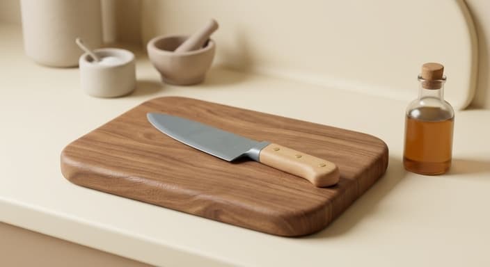 A hardwood cutting board with a chef's knife resting on it, ready for prep.