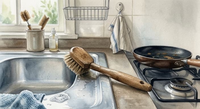 Wooden dish brush drying by the sink beside a non-stick pan.