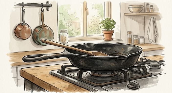 A heavy cast-iron skillet sits on a stove, ready for a foodie who values longevity.
