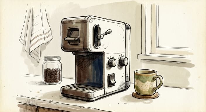 A sturdy boxy coffee brewer on the counter with a mug nearby, illustrating durability and the upkeep it requires.