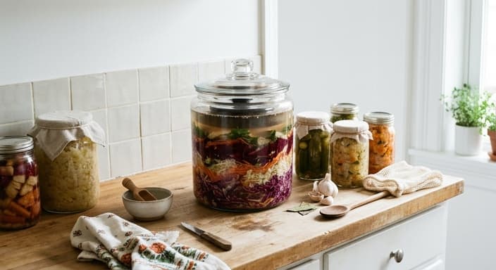 A large glass fermentation crock sits on the kitchen counter beside jars of pickled vegetables.