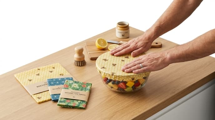 Beeswax food wraps cover a bowl on the counter, illustrating a reusable alternative to plastic wrap.