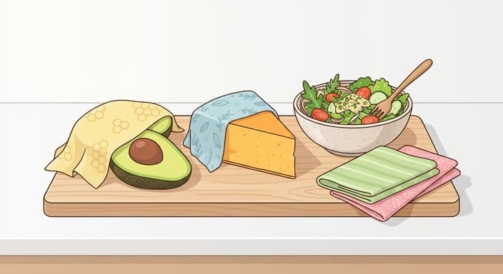 Beeswax wraps cover an avocado, cheese, and a bowl of salad on a tidy kitchen counter.