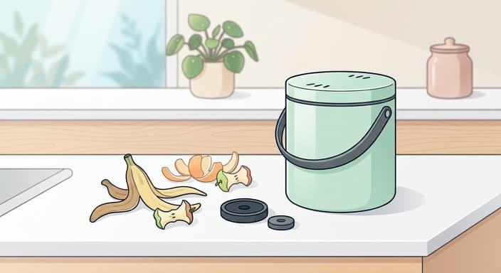 A compact countertop compost bin with a charcoal filter disc and fruit scraps on a clean counter.