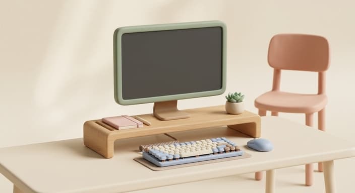 A wooden monitor stand elevates the screen on a tidy desk.