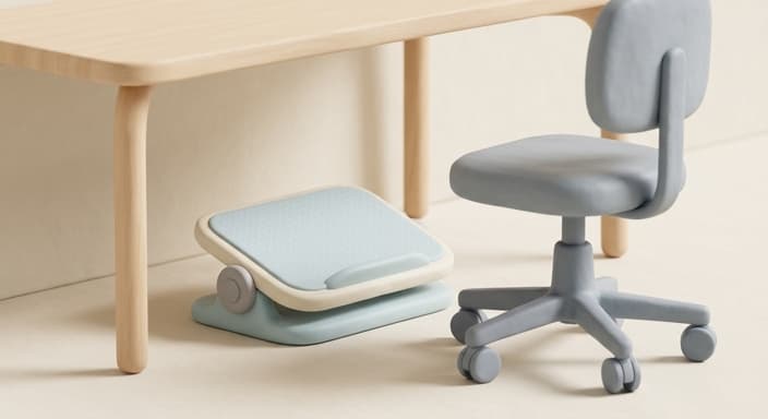 An under-desk adjustable tilting footrest ready for ergonomic foot support.