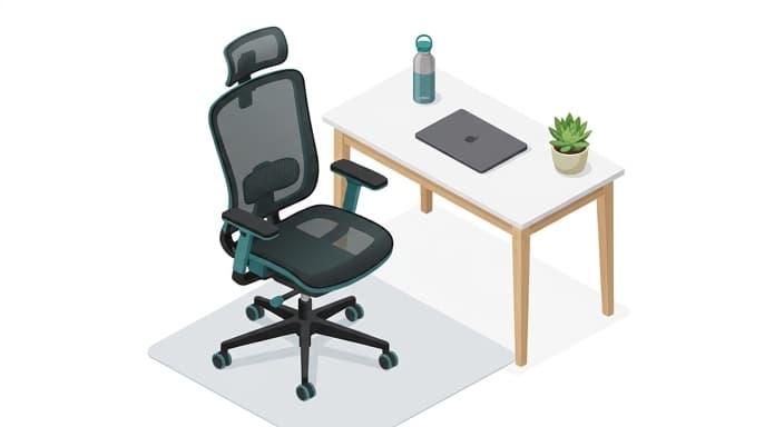 A breathable mesh-backed ergonomic chair sits at a clean desk in a modern home office.