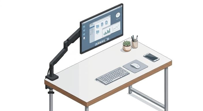 A monitor on an adjustable arm places the screen at eye level for an ergonomic viewing position.