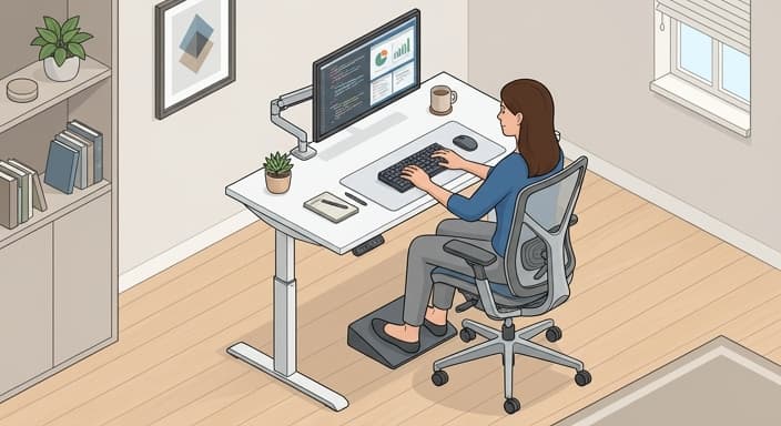 An ergonomic chair with a synchro-tilt at a height-adjustable desk showing close desk access and balanced posture.