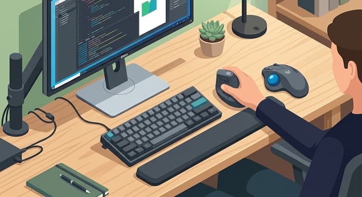 Desk setup highlighting a vertical mouse, a trackball, and a high-density memory foam wrist rest for smoother, lower-effort navigation.