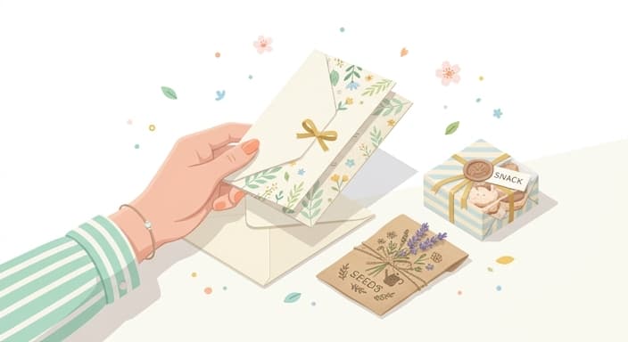 A hand presents a folded invitation beside a seed packet and a gourmet snack to spark anticipation.