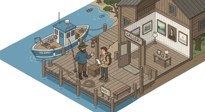 A traveler engages with a local guide at a dock and private gallery, symbolizing exclusive access and discovery on a summer journey.