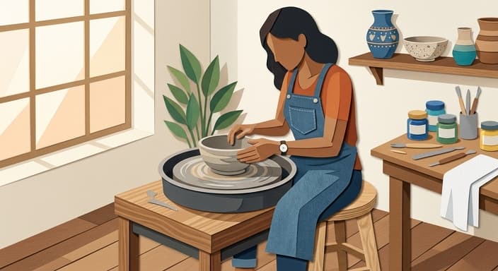 A potter shapes a clay bowl on a wheel in a sunlit studio with finished pieces on the shelves.