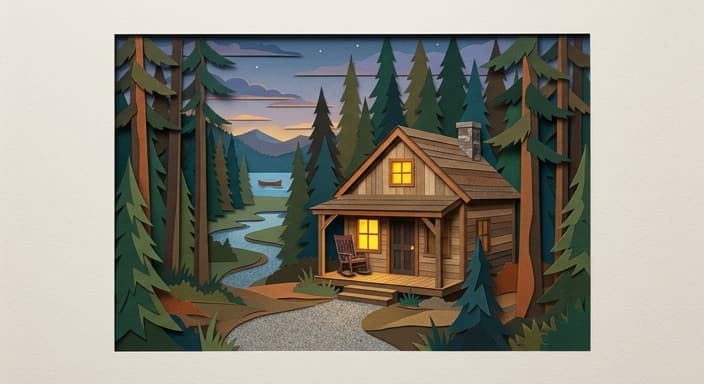 A cozy forest cabin at dusk with warm light in the window and surrounding pines.