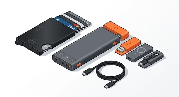 A minimalist RFID wallet sits beside a slim modular power bank on a tidy desk.