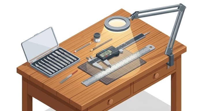 A premium digital caliper and organized hobby blades rest on a well-lit workbench, ready to tackle the bottleneck.