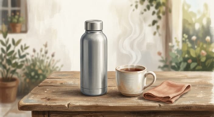 A plain insulated bottle and a ceramic mug sit on a weathered table, ready for a hot morning brew outdoors.