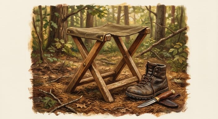 A rugged folding stool with a canvas seat and ash wood legs rests in a sunlit forest clearing, with a boot nearby.