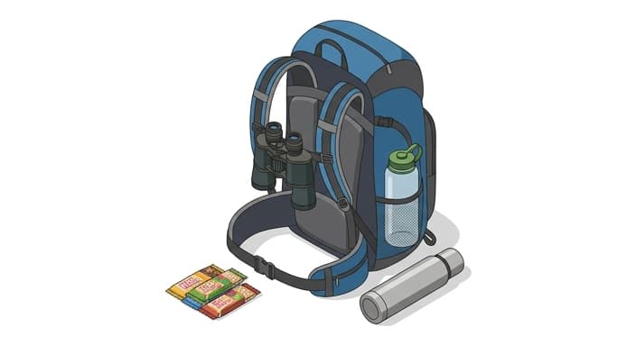Trail-ready gear organized around a harnessed binoculars setup with hydration and snacks.