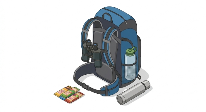Trail-ready gear organized around a harnessed binoculars setup with hydration and snacks.
