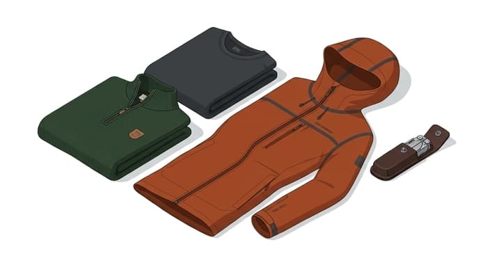 Layered warmth for autumn fishing with a rugged outer shell and multitool ready for use.