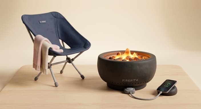 Smokeless fire pit with a charging phone and a lightweight Helinox chair at hand.