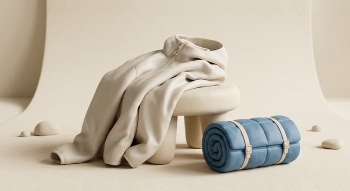 A silky ripstop jacket paired with a Rumpl Puffy Blanket for a ready-to-go outdoor cocoon.