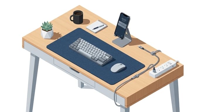 A clean, organized desk setup featuring a braided charging cable, an aluminum phone stand, and a large desk mat.