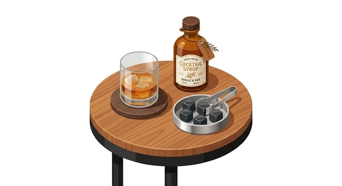 A curated relaxation setup with a whiskey tumbler, craft syrup, and chilling stones for a premium drinking experience.