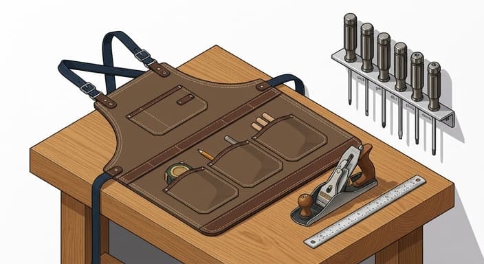 A heavy-duty canvas apron lies on a workbench beside a row of high-carbon steel screwdrivers, ready for precise, satisfying work.