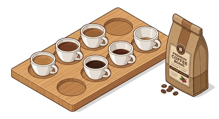 A flight of coffee samples on a wooden tasting board beside premium beans, illustrating a premium consumable upgrade.
