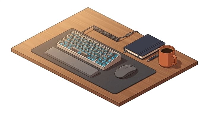 A tactile mechanical keyboard with visible switches anchors a clean desk scene.