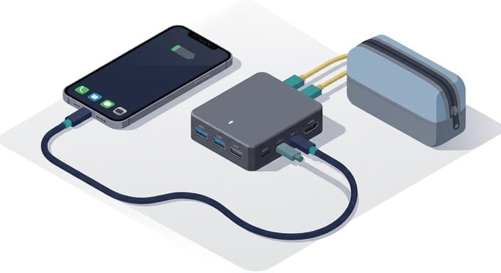 A braided USB-C cable and compact charger keep bedside or travel devices neat and ready.