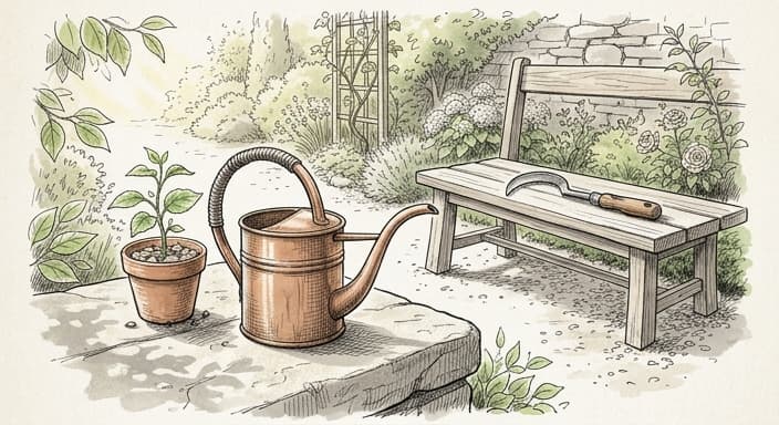 Copper watering can on a stone step beside a small potted plant, with a generic garden tool resting on a bench.