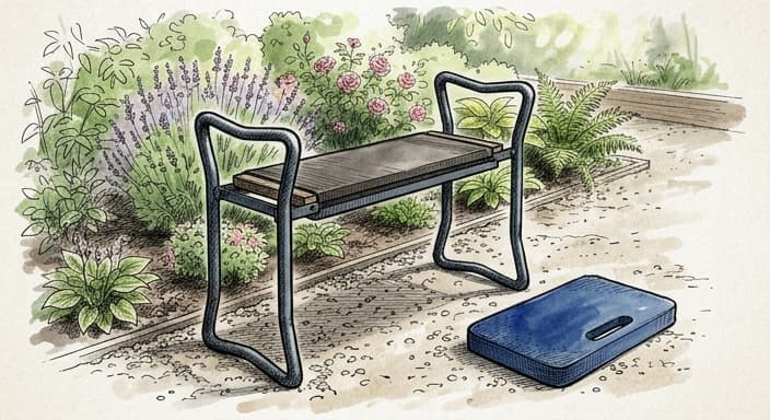 Steel-framed garden kneeler opened into a bench with an EVA foam pad nearby on a sunlit path.