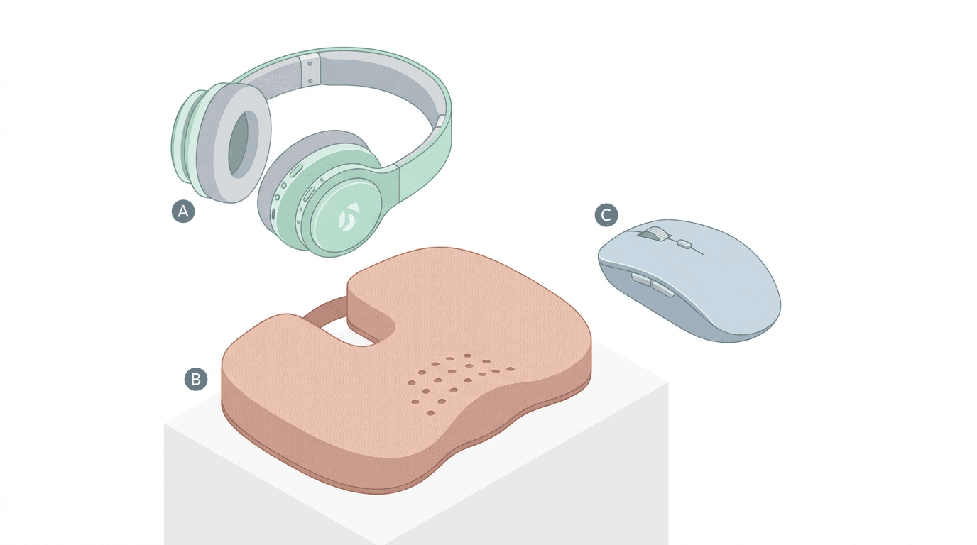 Essential tools for focus and comfort in a home office.