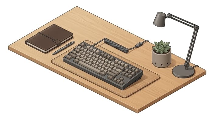 A timeless, neutral-toned workspace with premium keyboard and leather notebook.