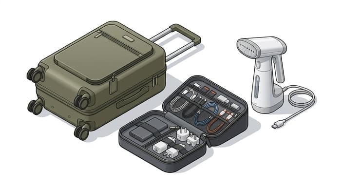 Compact, organized transit setup with a tech organizer and travel steamer ready for business trips.